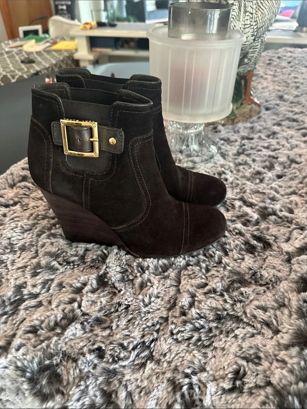 Tory Burch Dark Brown Suede Wedge Ankle Boots with Gold Buckle wore once